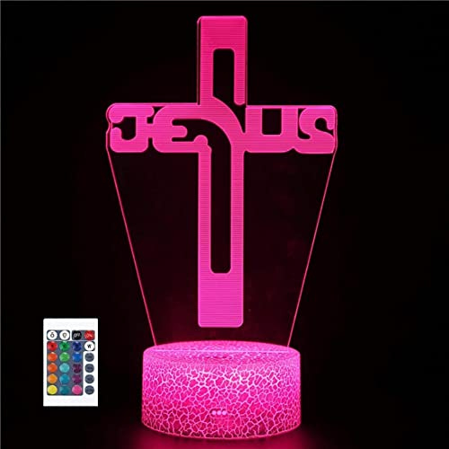 SUPERRUIDALONG 3D Jesus Kreuz Gott Fernbedienung 16 Farben Nachtlicht Illusion Acryl LED Tisch Nachttisch Lampe Kinder Schlafzimmer Schreibtisch Dekor Geburtstag Geschenk Spielzeug