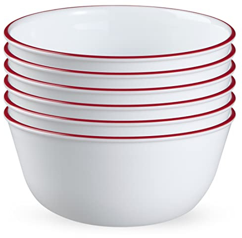 Corelle Vitrelle Glass 6-PC Bowls Set, For Soup Cereal & Dessert, Chip-Resistant & Lightweight Bowl Dinnerware Set, Red Banded 28 OZ