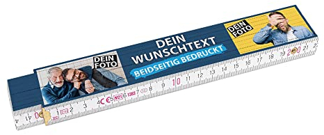 2 Meter Zollstock bedrucken mit Text und 2 Fotos - Beidseitig bedruckter Zollstock mit Namen und 2 Bilder personalisierte Geschenke für Handwerker | Buchenholz, Hintergrund Dunkelblau