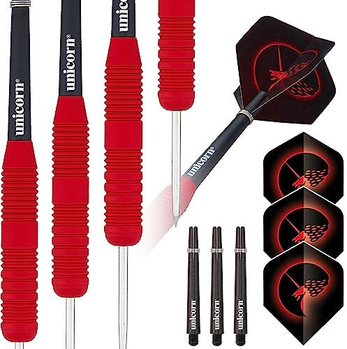 ‎Unicorn Dartpfeile Set | Core Plus Serie | Barrels mit Soft Touch gummierter roter Beschichtung | Stahlspitze | 23g