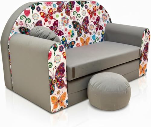 All4All Kinder Klappsofa 3in1 Velo – Faltbares Mini Sofa mit Pouf – Weiches Schaumstoff Sofa zum Sitzen, Spielen & Schlafen – Abnehmbarer Bezug – Platzsparend – Oeko-TEX (A33 Grau + Schmetterling)