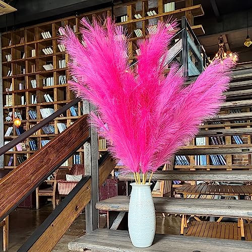 Premium Faux Hot Pink Pampas Grass – Fuchsia 43.3″ 8pcs Tall Fluffy Decor, No Assembly 18-Branch One-Piece Stems for Floor Vase Decor, Luxury Silk-Feel Feather Flowers (8 pcs/110cm)