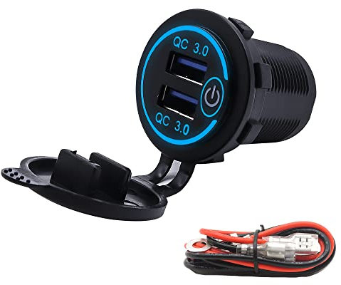 HISports USB Car Charger Socket Quick Charge 3.0 Car Charger Socket with Touch Switch & Blue LED Cigarette Lighter Socket 12V/24V for Marine, Boat, Motorcycle, Truck, Golf Cart (Dual QC3.0)
