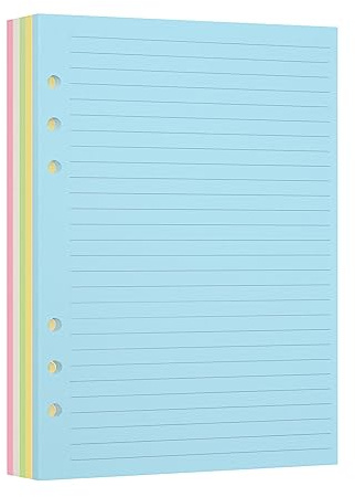 A5 Lined Refill Paper,Colored Pages for A5 Refillable 6-Ring Binder Notebook,6-Hole Punched Binder Refill Inserts,Fountain Pen Friendly-Double Sided No Bleed Through.