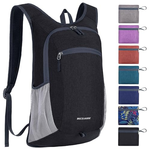 BECOJADDE 15L Faltbarer Rucksack Kleiner Wanderrucksack Leicht Tagesrucksack Damen Herren Daypack Wasserfest Reiserucksack für Outdoor Wandern Reisen Städtetrips, Schwarz