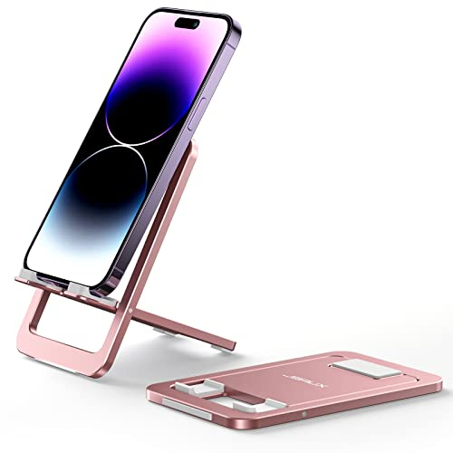 JSAUX Handy Ständer, Faltbarer Aluminium Handyhalterung Tisch Tragbar Handy Halterung Dicker-Hülle-freundlich Halter Kompatibel mit iPhone 16 15 14 13 12 Pro Max Samsung S25 S24 S23 S22 Kindle-Rosa