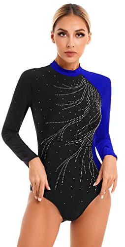 Msemis Dambody med ben, långärmad body, ståkrage, topp, gymnastikdräkt, elastisk sport, gym, balettdräkt, danskropp, leotards, Kungsblå B, L