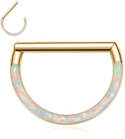 AROWRO 16G Septum Schmuck Nasenringe Hoops Gold Septum Ringe D Shape Daith Tragus Helix Conch Piercing Schmuck 8mm Knorpel Helix Ohrring Weiß Opal Cartlidge Schmuck Septum Clicker Daith Schmuck
