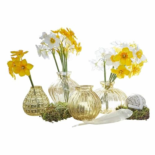Loberon Vase 4er Set Jonos, mundgeblasen, Vier Designs, für Blüten oder Trockenblumen, Nostalgie-Look, Dekoration, Wohn-Accessoires, Tischdekoration, Glas, gelb