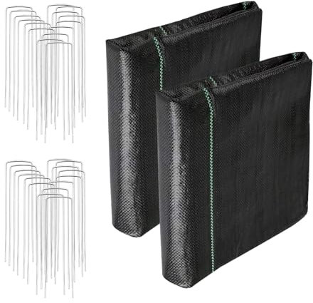 LGJIAOJIAO 4FT x 100FT Weed Barrier Landscape Fabric (2 Pack 4x50FT) - Premium Heavy-Duty 3.2oz Gardening Weed Control Mat with 30 U-Shaped Securing Pegs - Ground Cover for Gardening, Farming