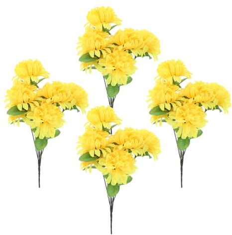 FUNOMOCYA Künstliche Chrysanthemen Friedhofsblumen Aus Langlebigem Pu Material Realistische Grabblumen Für Außenbereich 4 Stück-strauß Gelb Mit 7 Köpfen Wetterfest Und Dekorativ