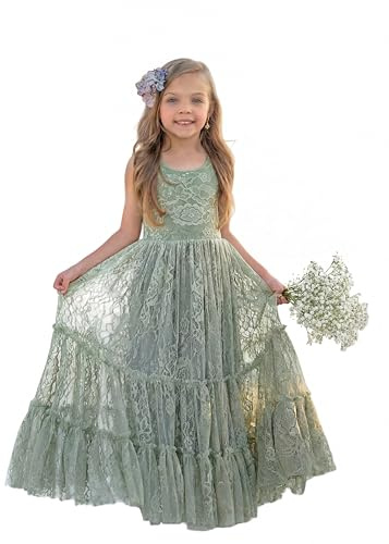 LalaMira Flower Girl Dress Lace Boho Toddler Dresses Ruffle Girl Dress for Wedding Garden Party Holiday Communion Sleeveless Sage Green-5 Years