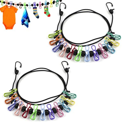 VireEyU 2 Corda per Bucato Elastica Portatile - Con 12 Mollette Colorate - Ideale per Interni ed Esterni, Adatta per Accessori da Campeggio, Giardino e Lavanderia