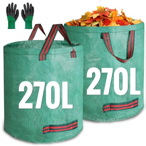 JARDILIFE Gartenabfallsäcke, strapazierfähig, 270 l, 270 l, 2 Stück, wiederverwendbare Säcke mit 1 Paar Gartenarbeitshandschuhen, Werkzeugbeutel für Gartenabfälle, Pflanzenabfälle, Grasblätter, 270 x