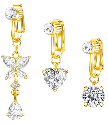 Besyvvin Faux Piercing Nombril Acier Chirurgical Clip Fake Piercing Nombril Anneau Coeur Papillon Dangle Faux Bijoux De Piercing