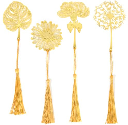 BOOMTOP 4 Stück Metall Lesezeichen Blumen Blatt Gold Lesezeichen mit Anhänger Löwenzahn Nelke Blumen Bookmark Geschenk für Buchliebhaber Lehrer Damen Herren