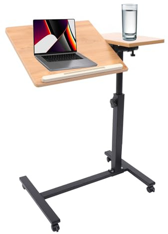 RUETERY Laptoptisch Höhenverstellbar, Stehpult mit Bremsbaren Rollen, Beistelltisch Laptop Neigbar, Sofatisch, 360° Drehbar Heben Laptopständer, 60 x 34.5 cm, Betttisch Pflegebett, Natur