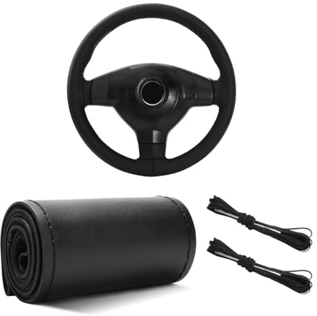 Yourkar Leather Steering Wheel Cover, 15×15 Breathable Steering Wheel Cover DIY Kit with Needle Thread, Non-Slip Leather Stitch on Wrap Steering Wheel Protector, Car Accessories (Black)