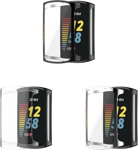 3 Pack Case Compatible with Fitbit Charge 6 with Screen Protector, Flexible TPU Shockproof Scratch Proof Cover Case for Fitbit Charge 5/Charge 6 Activity Tracker (Black/Clear/Silver)