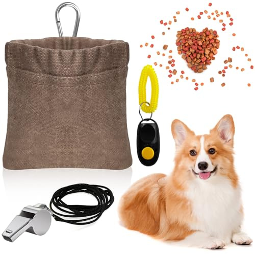 Prebarfun Bolsa de Comida para Perros, Bolsa de Golosinas para Perros Manos Libres con Cierre Automático con Mosquetón, Clickers de Entrenamiento para Perros, Silbidos (Gris)