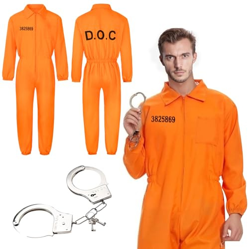 BOUFEIDA Häftling Kostüm, Gefängnis Kostüm, Orange Prison Jumpsuit Herren Damen, Sträfling Kostüm mit Handschellen, für Karneval, Fasching & Halloween (XL)