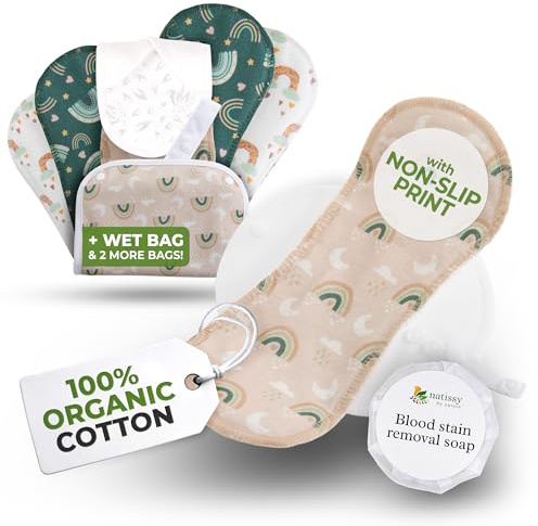 Non-Slip Reusable Sanitary Pads for Teen Girls (S+M, 6-Pack); High-Temp Washable Organic Cotton Cloth; Non-Irritating Sanitary Towels, Soft Reusable for Comfortable First Period Care