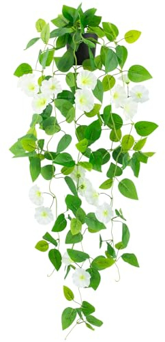 LOYWREE Pothos artificiel en pot noir en soie artificielle à suspendre pour étagère, maison, bureau, intérieur ou extérieur, décoration de verdure (blanc)