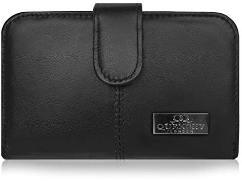 Monedero de Cuero Real RFID y Bloqueo NFC con 2 Secciones de Monedas con Cremallera, 5 Bandejas de Monedas, 6 Ranuras para Espacios de Tarjetas de Crédito y Débito 14cm x10 x3 QL225841K (Negra)