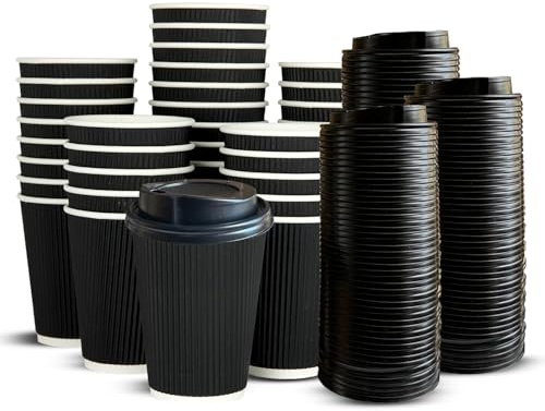 ECONX 100 X 12oz Disposable Coffee Cups with Lids Leak-Proof Insulated Triple Walled Takeaway Coffee Cups Paper Ripple for Hot and Cold Drinks Coffee, Tea for Home, Office and Cafes Black