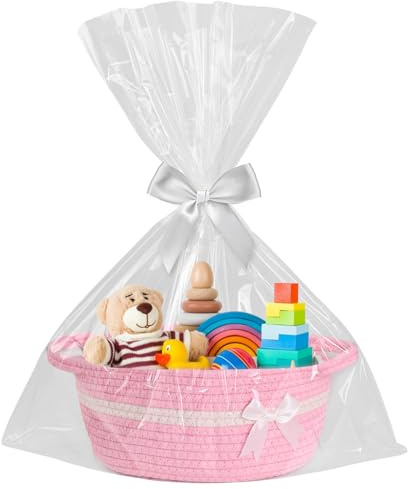 ElysianTails Pink Hamper Gift Basket with Bags Ribbons Hamper Kit Empty Cotton Rope Storage Gift Basket with Handles for Baby Shower, Wedding, Birthday,Storage,Easter (Pink)