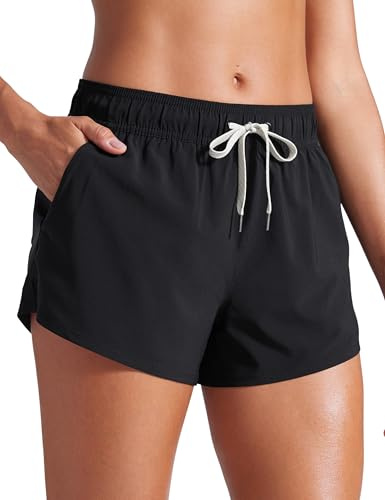 CRZ YOGA Mid Waisted Side Slit Beach Shorts for Women 3” - Dolphin Swim Board Bathing Trunks Bottoms with Liner Black Medium