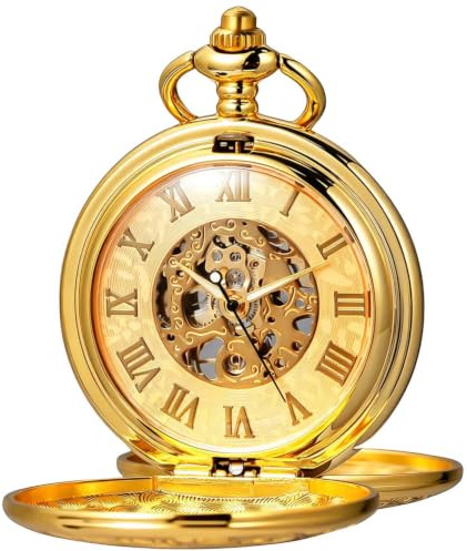 Kchss Mechanical Roman Numerals Dial Skeleton Pocket Watches with Box and Chains for Mens Women Black Gold