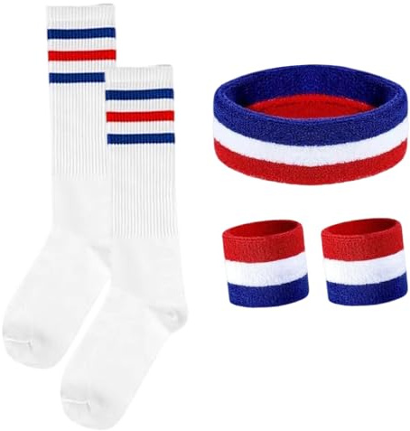 Werownsgso 5 stycken randiga svettband, 80-tals outfit damtillbehör med randigt pannband armbandsstrumpor, sport pannband set för fitness sport retro fest