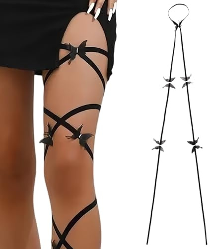 oooaooo Damen Sexy Elastische Bein Strumpfband, Strumpfband Schwarz Oberschenkelbänder, Schmetterling Doppel Gürtel Cross Bandage Rave Outfit Damen Sexy Techno für Party Cosplay Festival
