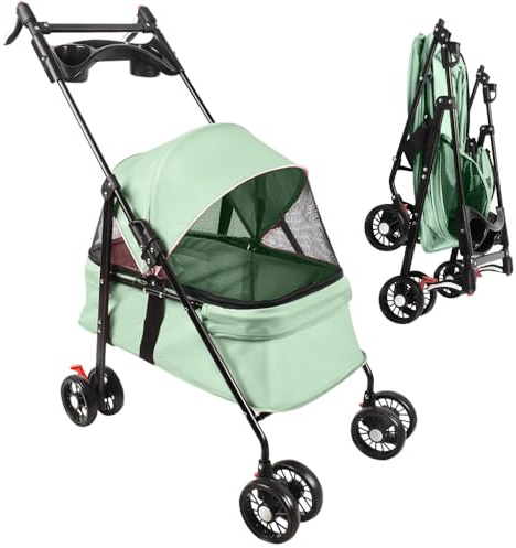 OHMG Passeggino per cani e gatti, fino a 25 kg, 4 ruote, passeggino pieghevole per viaggi all'aperto, carrello pieghevole per cani, con finestra in rete e portabicchieri