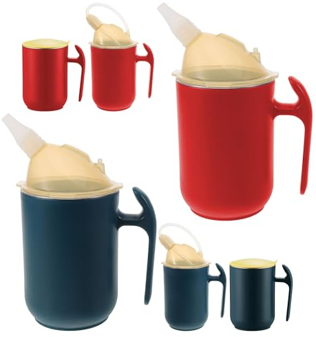 2 Stück 3-in-1 Schnabeltasse Senioren, 400ml Schnabelbecher Senioren mit Griffen, Auslaufsichere Trinkbecher, Dysphagie Tassen für Pflege und Betreuung von älteren Menschen und Patienten(Rot+Blau)