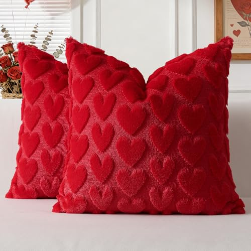 JOTOM Lot de 2 Housses de Coussin pour la Saint Valentin 40 x 40 cm Taie d'oreiller Décoratives en Fausse Fourrure Douce et Moelleuse pour la Maison, du Canapé ou du Divan (Rouge)