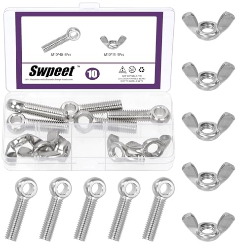 Swpeet 10Pcs M10 x 40mm 304 Machines en acier inoxydable Épaule Swing Lifting Eye Boulon et M10 Kit d'assortiment d'écrous d'aile, Boulon de rigging Fisheye en fil métrique, Bouchon de dôme hexagonal