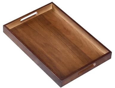 Bamboo Serving Tray with Handles, Dark Brown Wooden Board for Dinner, Breakfast, Food, Snack | Coffee Table, Home Decorative Storage for Bed, Tea, Kitchen (15.0x10.2x1.6)