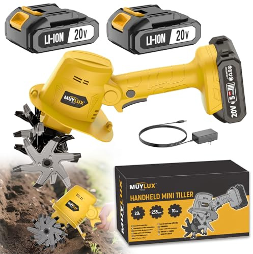 Muylux Cultivador inalámbrico de 20 V para jardinería, cultivador eléctrico de jardín con batería y cargador, rotocultor de jardín para jardinería de césped, cultivo de suelo, 2 baterías