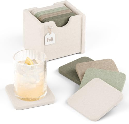 Fluxynara Felt Drink Coasters with Holder, Square, Set of 8, Linen Dusk | Absorbent, Heat-Resistant & Reusable Felt Coasters for Drinks, Coffee Tables and Home Decor, Ideal for Gifting, 10 cm