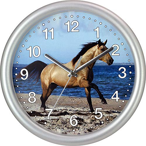 Eurotime, orologio da parete al quarzo, 25 cm, cassa in plastica color argento, vetro di plastica, quadrante trasparente con 12 cifre e motivo raffigurante un cavallo, meccanismo silenzioso, senza ticchettio, per la cameretta dei bambini