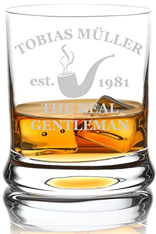 polar-effekt Leonardo Whiskyglas mit Gravur - Tumbler Glas 350 ml - Geburtstagsgeschenk für Männer - Graviertes Whisky Glas - Männergeschenk personalisiert Name und Jahr - Motiv Real Gentleman Pfeife