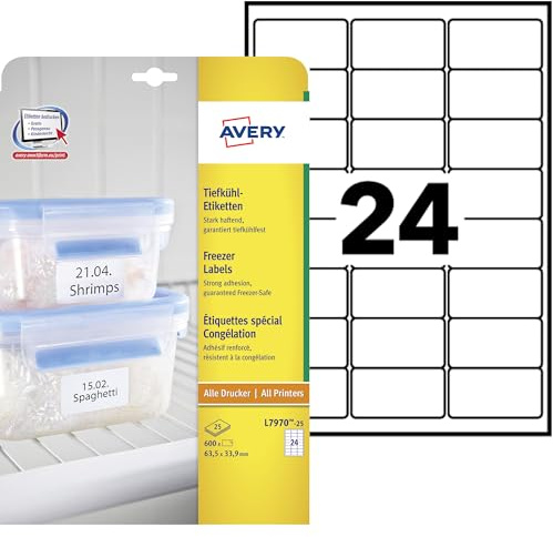 AVERY Zweckform L7970-25 Tiefkühletiketten (600 Aufkleber, 63,5x33,9mm auf A4, selbstklebend, temperaturbeständige und tiefkühlfeste Klebeetiketten für Gefriergut, bedruckbar) 25 Blatt, weiß
