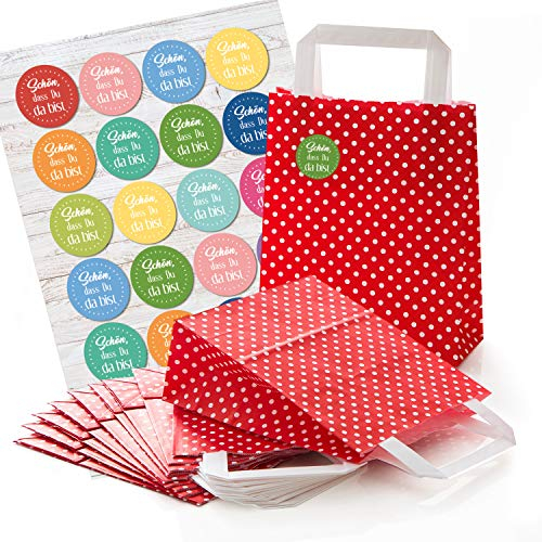 Logbuch-Verlag 24 Geschenktaschen aus Papier rot weiß gepunktet + 24 Schön dass du da bist Sticker für Gastgeschenke 18 x 8 x 22 cm Gäste Verpackung