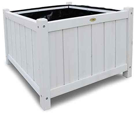 HABAU Pflanzkasten aus Holz, Hellgrau lasiert, mit passgenauer Pflanzfolie, 46 x 46 x 35 cm, ideal für Garten, Terrasse und Balkon (Klein)