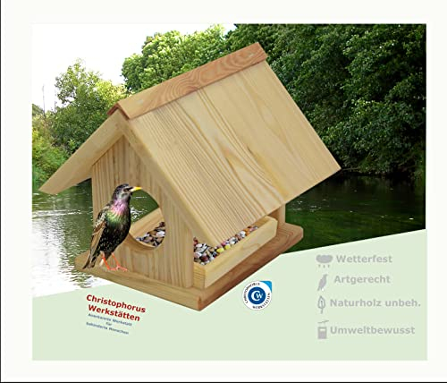 Handgefertiges Kiefernholz-Futterhaus mit ausziehbarem Futterkasten | Wetterfest | Garten, Balkon oder Terrasse | Nach NABU-Vorgabe | Made in Germany