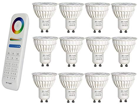 lighteu®, 12x 4W GU10 RGB + CCT LED-Strahler Farbwechsel und CCT WW CW Temperatur einstellbar, original Mi-Light, Glühlampe mit 8-Zonen-Fernbedienung (12x FUT103 + FUT089)