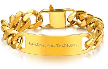 Bandmax Gourmette Homme Identité Personnalisé Plaqué Or 21cm, Chaîne Bracelet Gros 15mm avec Plaque Personnalisable