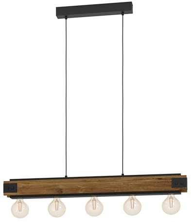 EGLO Pendelleuchte Layham,5 flammige Hängelampe Vintage, Industrial, Retro | Hängeleuchte aus Stahl und Holz in Schwarz, Natur, Esstischlampe, Wohnzimmerlampe hängend mit E27 Fassung